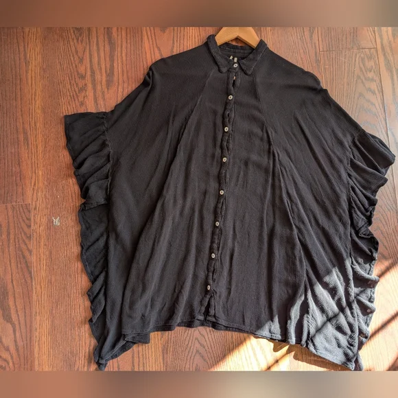 Free People FP Black Button Down Women's Top XS/S Batwing Ruffle Pockets Lagenlo - Picture 1 of 7